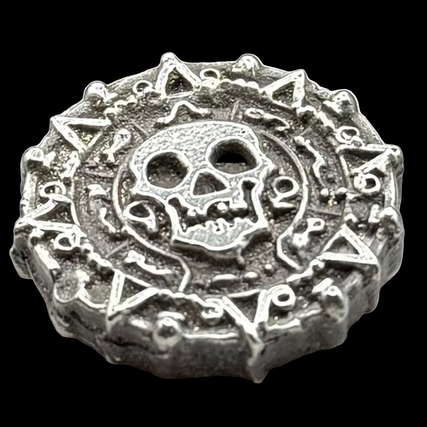 'Aztec Silver Doubloon' Pirate Treasure Hand Crafted by Peculiar Coins .5 Troy Ounce .999 Fine Silver Round Double Sided Skull Antique, Wood Treasure Chest, Capsule & COA Mint Condition