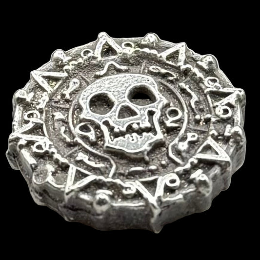 'Aztec Silver Doubloon' Pirate Treasure Hand Crafted by Peculiar Coins .5 Troy Ounce .999 Fine Silver Round Double Sided Skull Antique, Wood Treasure Chest, Capsule & COA Mint Condition