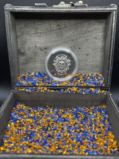 'Aztec Silver Doubloon' Pirate Treasure Hand Crafted by Peculiar Coins .5 Troy Ounce .999 Fine Silver Round Double Sided Skull Antique, Wood Treasure Chest, Capsule & COA Mint Condition