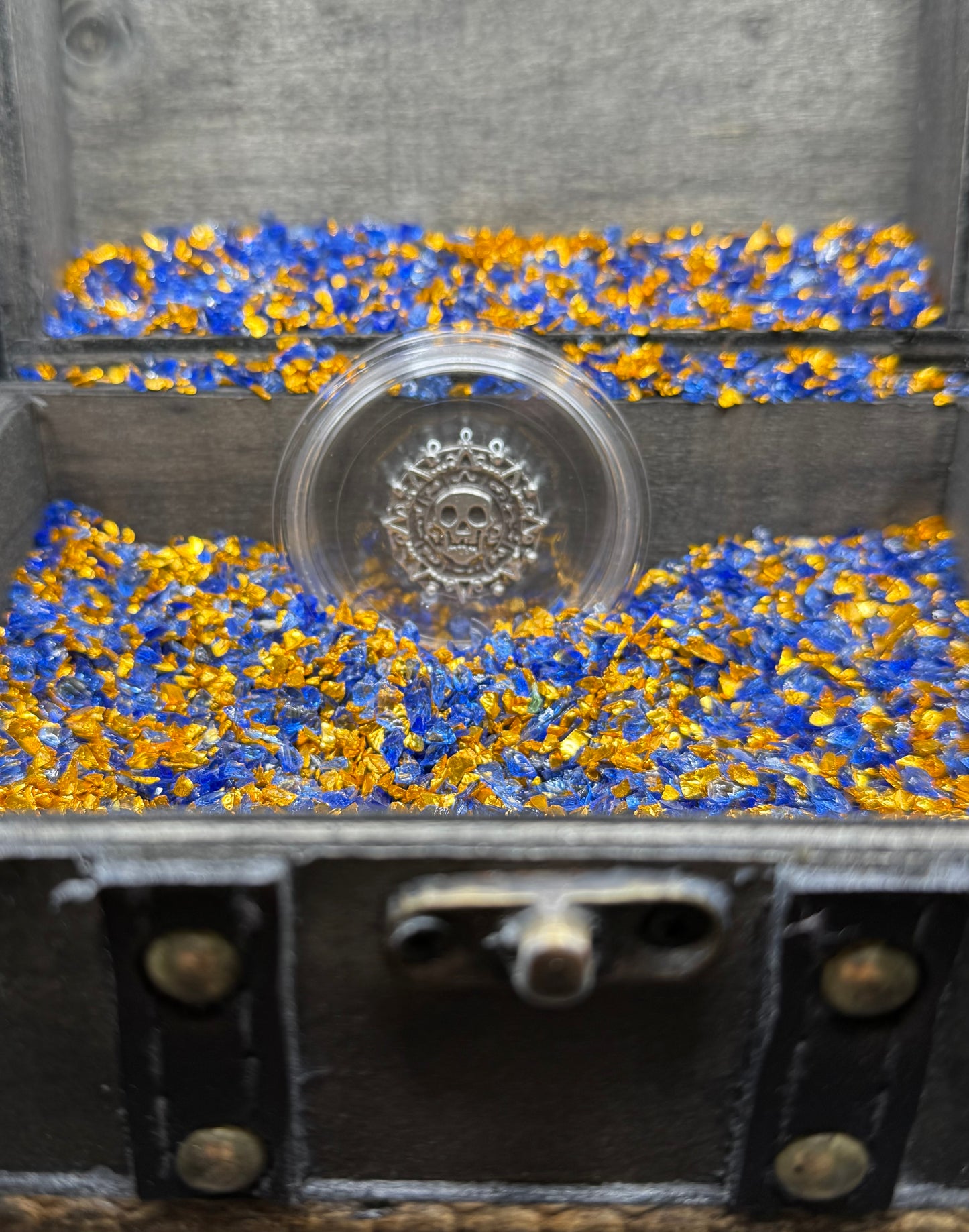 'Aztec Silver Doubloon' Pirate Treasure Hand Crafted by Peculiar Coins .5 Troy Ounce .999 Fine Silver Round Double Sided Skull Antique, Wood Treasure Chest, Capsule & COA Mint Condition