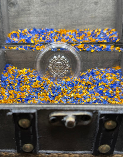 'Aztec Silver Doubloon' Pirate Treasure Hand Crafted by Peculiar Coins .5 Troy Ounce .999 Fine Silver Round Double Sided Skull Antique, Wood Treasure Chest, Capsule & COA Mint Condition