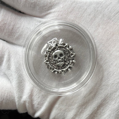 'Aztec Silver Doubloon' Pirate Treasure Hand Crafted by Peculiar Coins 1.5 Troy Ounce .999 Fine Silver Round 2 Piece Set Double Sided Skull Antique Finish Includes Wood Treasure Chest, Capsule & COA Mint Condition