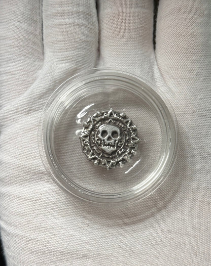 'Aztec Silver Doubloon' Pirate Treasure Hand Crafted by Peculiar Coins .5 Troy Ounce .999 Fine Silver Round Double Sided Skull Antique, Wood Treasure Chest, Capsule & COA Mint Condition