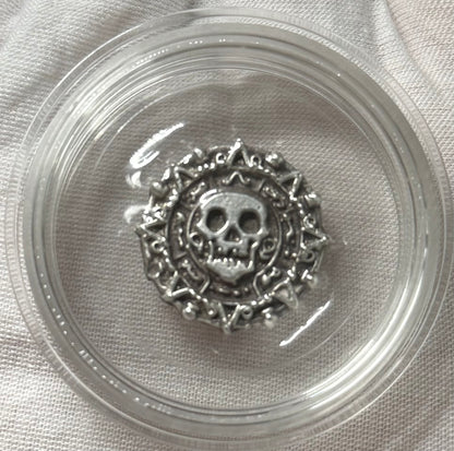 'Aztec Silver Doubloon' Pirate Treasure Hand Crafted by Peculiar Coins 1.5 Troy Ounce .999 Fine Silver Round 2 Piece Set Double Sided Skull Antique Finish Includes Wood Treasure Chest, Capsule & COA Mint Condition