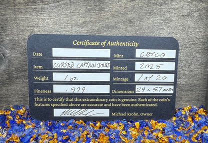 'Fishface Cursed Pirate Captain Jones' Hand Crafted 1.75 Troy Ounce .999 Fine Silver Round 3 Piece Set Antique Finish Includes Wood Treasure Chest, Capsule & COA Mint Condition Limited Edition 1 of  20