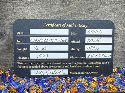 'Fishface Cursed Pirate Captain Jones' Hand Crafted 1.75 Troy Ounce .999 Fine Silver Round 3 Piece Set Antique Finish Includes Wood Treasure Chest, Capsule & COA Mint Condition Limited Edition 1 of  20