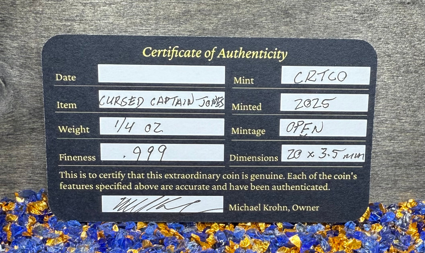 'Fishface Cursed Pirate Captain Jones' Hand Crafted 1.75 Troy Ounce .999 Fine Silver Round 3 Piece Set Antique Finish Includes Wood Treasure Chest, Capsule & COA Mint Condition Limited Edition 1 of  20