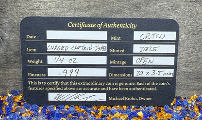 'Fishface Cursed Pirate Captain Jones' Hand Crafted 1.75 Troy Ounce .999 Fine Silver Round 3 Piece Set Antique Finish Includes Wood Treasure Chest, Capsule & COA Mint Condition Limited Edition 1 of  20