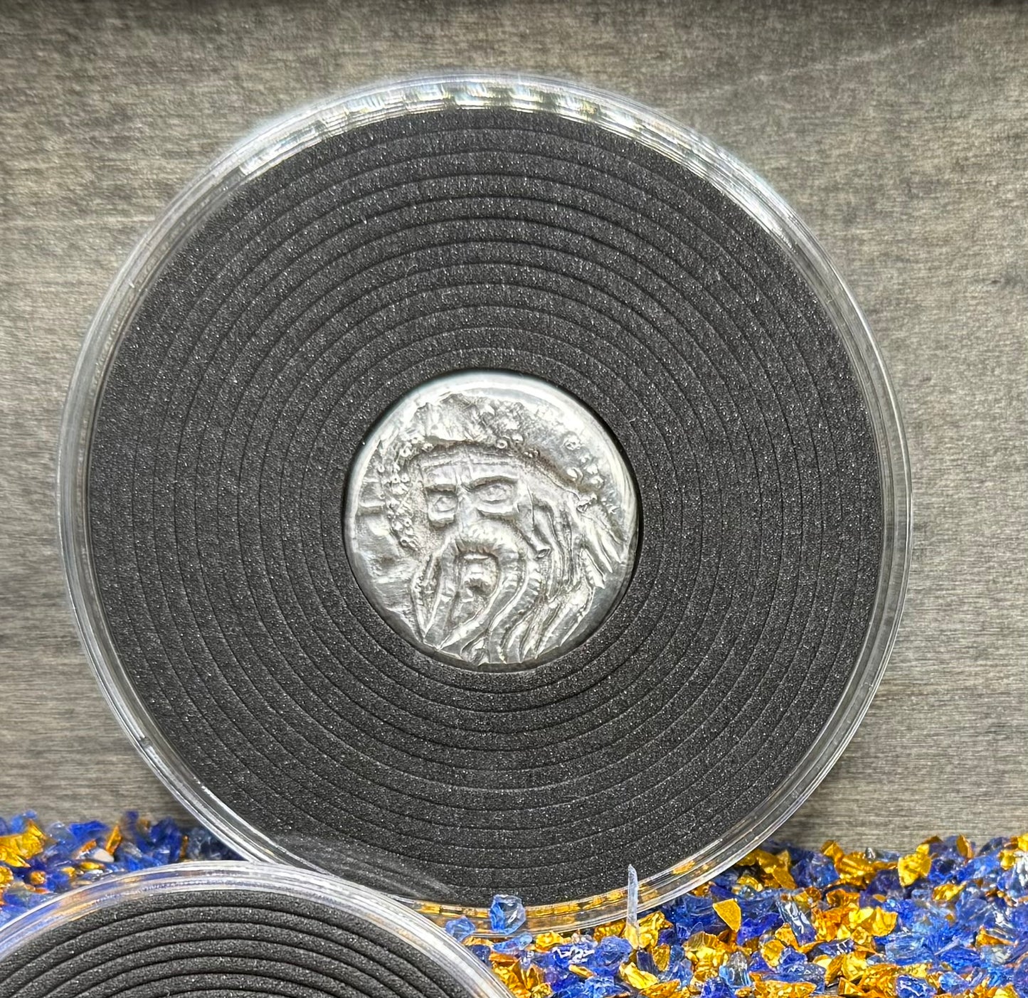 'Fishface Cursed Pirate Captain Jones' Hand Crafted 1.75 Troy Ounce .999 Fine Silver Round 3 Piece Set Antique Finish Includes Wood Treasure Chest, Capsule & COA Mint Condition Limited Edition 1 of  20