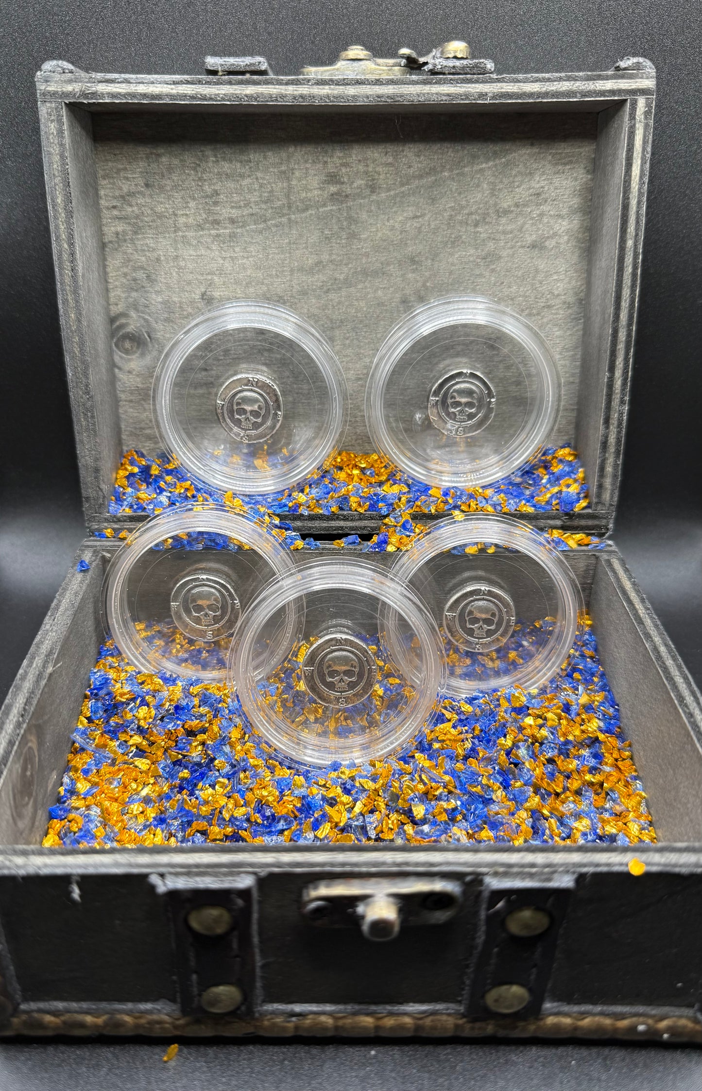 'Skull Compass Cob' Pirate Treasure Hand Crafted by CRTCO 1.25 Troy Ounce .999 Fine Silver Round 5 Piece Set Antique Finish Includes Wood Treasure Chest, Capsule & COA Mint Condition