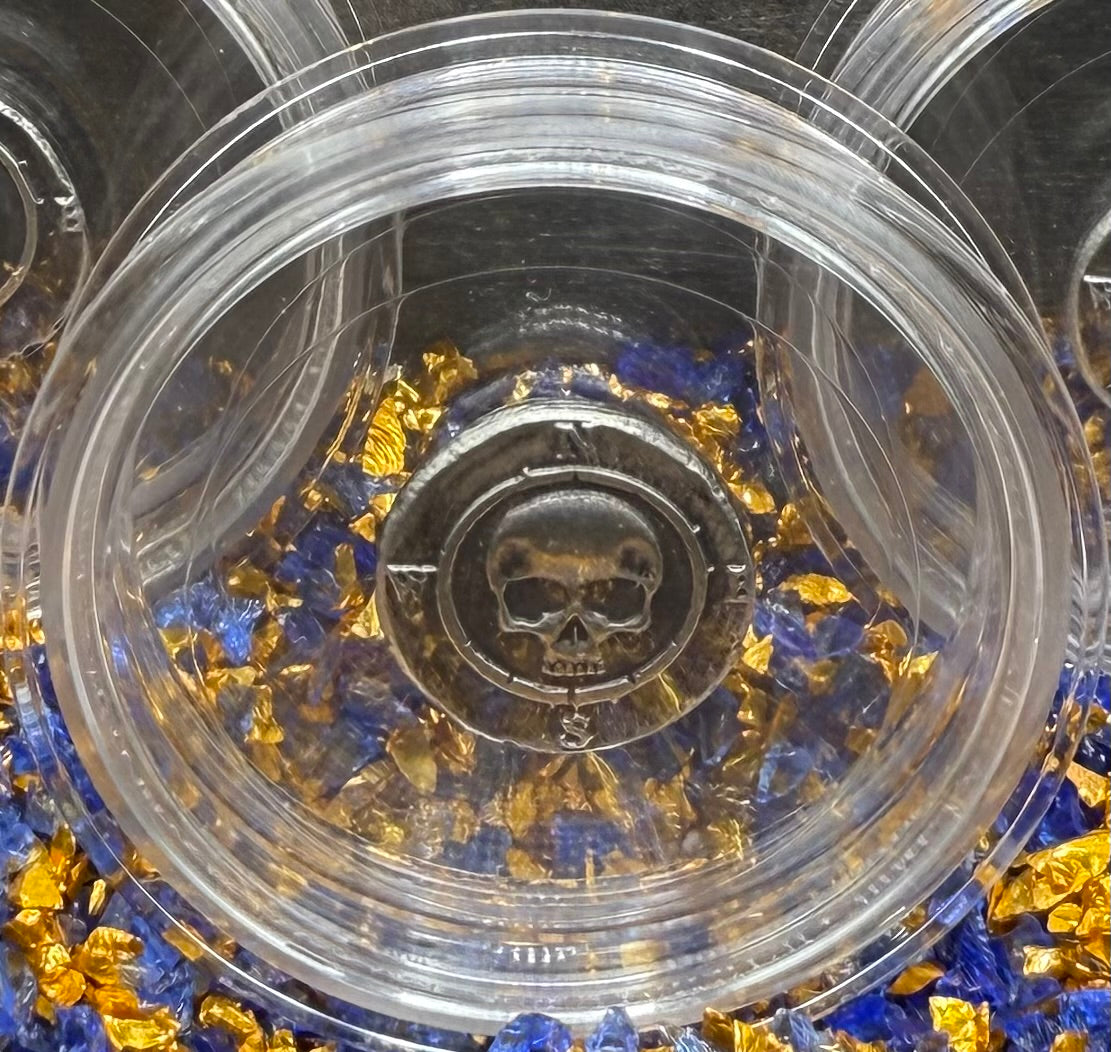 'Skull Compass Cob' Pirate Treasure Hand Crafted by CRTCO 1.25 Troy Ounce .999 Fine Silver Round 5 Piece Set Antique Finish Includes Wood Treasure Chest, Capsule & COA Mint Condition