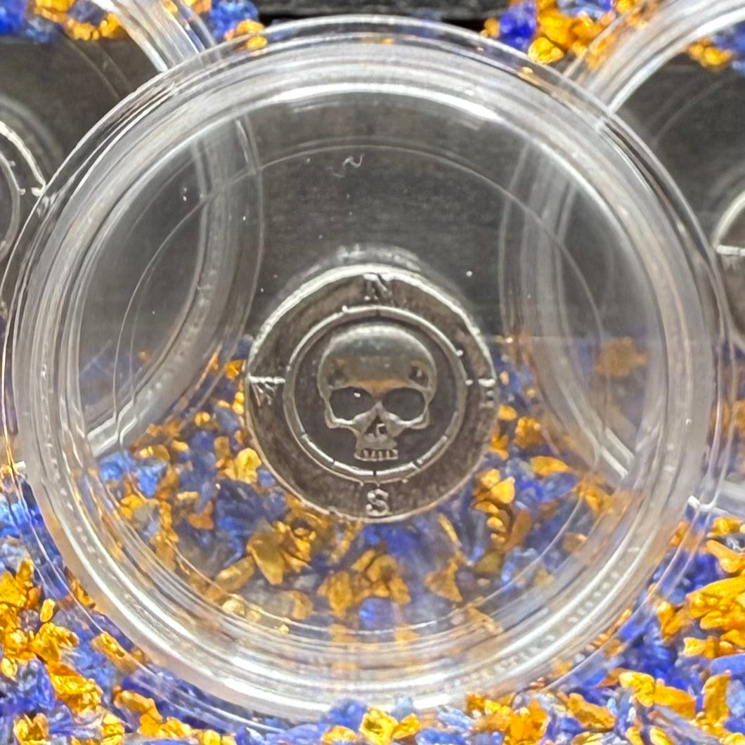 'Skull Compass Cob' Pirate Treasure Hand Crafted by CRTCO 1.25 Troy Ounce .999 Fine Silver Round 5 Piece Set Antique Finish Includes Wood Treasure Chest, Capsule & COA Mint Condition