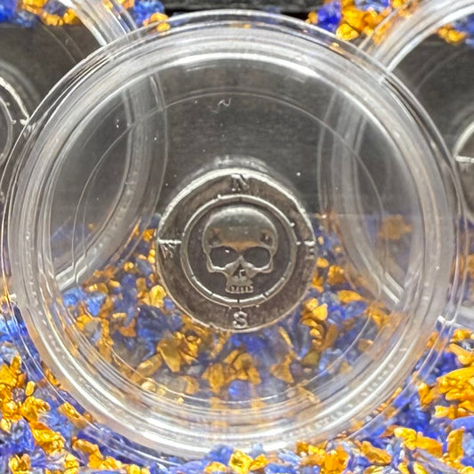 'Skull Compass Cob' Pirate Treasure Hand Crafted by CRTCO 1.25 Troy Ounce .999 Fine Silver Round 5 Piece Set Antique Finish Includes Wood Treasure Chest, Capsule & COA Mint Condition