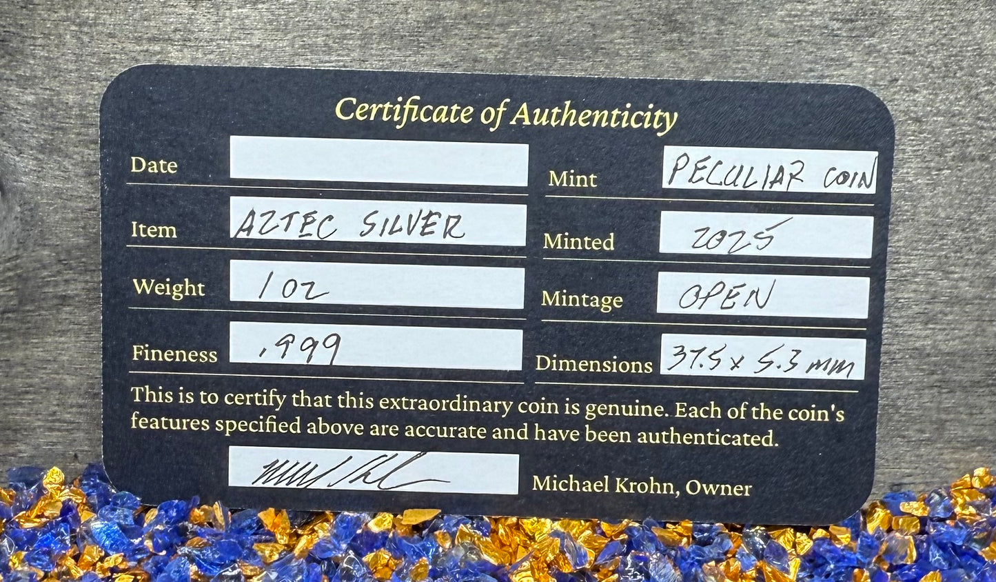 'Aztec Silver Doubloon' Pirate Treasure Hand Crafted by Peculiar Coins 1.5 Troy Ounce .999 Fine Silver Round 2 Piece Set Double Sided Skull Antique Finish Includes Wood Treasure Chest, Capsule & COA Mint Condition