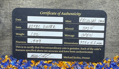 'Aztec Silver Doubloon' Pirate Treasure Hand Crafted by Peculiar Coins 1.5 Troy Ounce .999 Fine Silver Round 2 Piece Set Double Sided Skull Antique Finish Includes Wood Treasure Chest, Capsule & COA Mint Condition