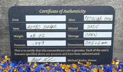 'Aztec Silver Doubloon' Pirate Treasure Hand Crafted by Peculiar Coins 1.5 Troy Ounce .999 Fine Silver Round 2 Piece Set Double Sided Skull Antique Finish Includes Wood Treasure Chest, Capsule & COA Mint Condition