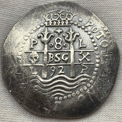 'Potosi Pillars & Waves Spanish Cob' Pirate Treasure Hand Crafted by Peculiar Coins 27 Gram .999 Fine Silver Round Pirate Design Antique Finish Includes Wood Treasure Chest, Capsule & COA Mint Condition