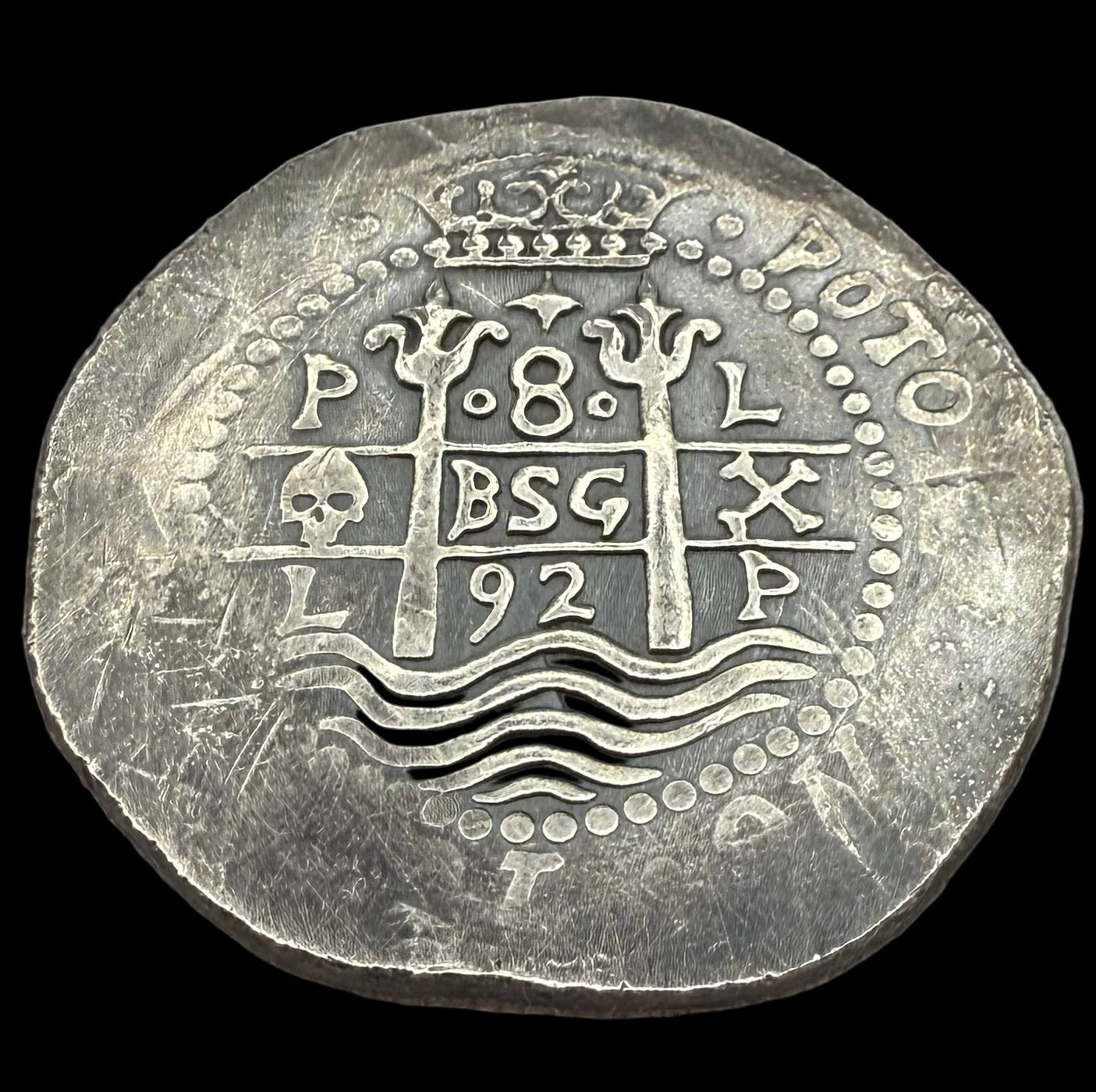 'Potosi Pillars & Waves Spanish Cob' Pirate Treasure Hand Crafted by Peculiar Coins 27 Gram .999 Fine Silver Round Pirate Design Antique Finish Includes Wood Treasure Chest, Capsule & COA Mint Condition