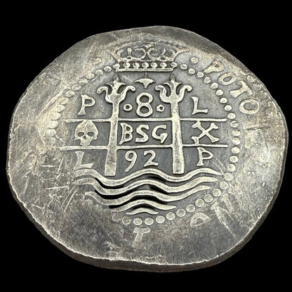 'Potosi Pillars & Waves Spanish Cob' Pirate Treasure Hand Crafted by Peculiar Coins 27 Gram .999 Fine Silver Round Pirate Design Antique Finish Includes Wood Treasure Chest, Capsule & COA Mint Condition