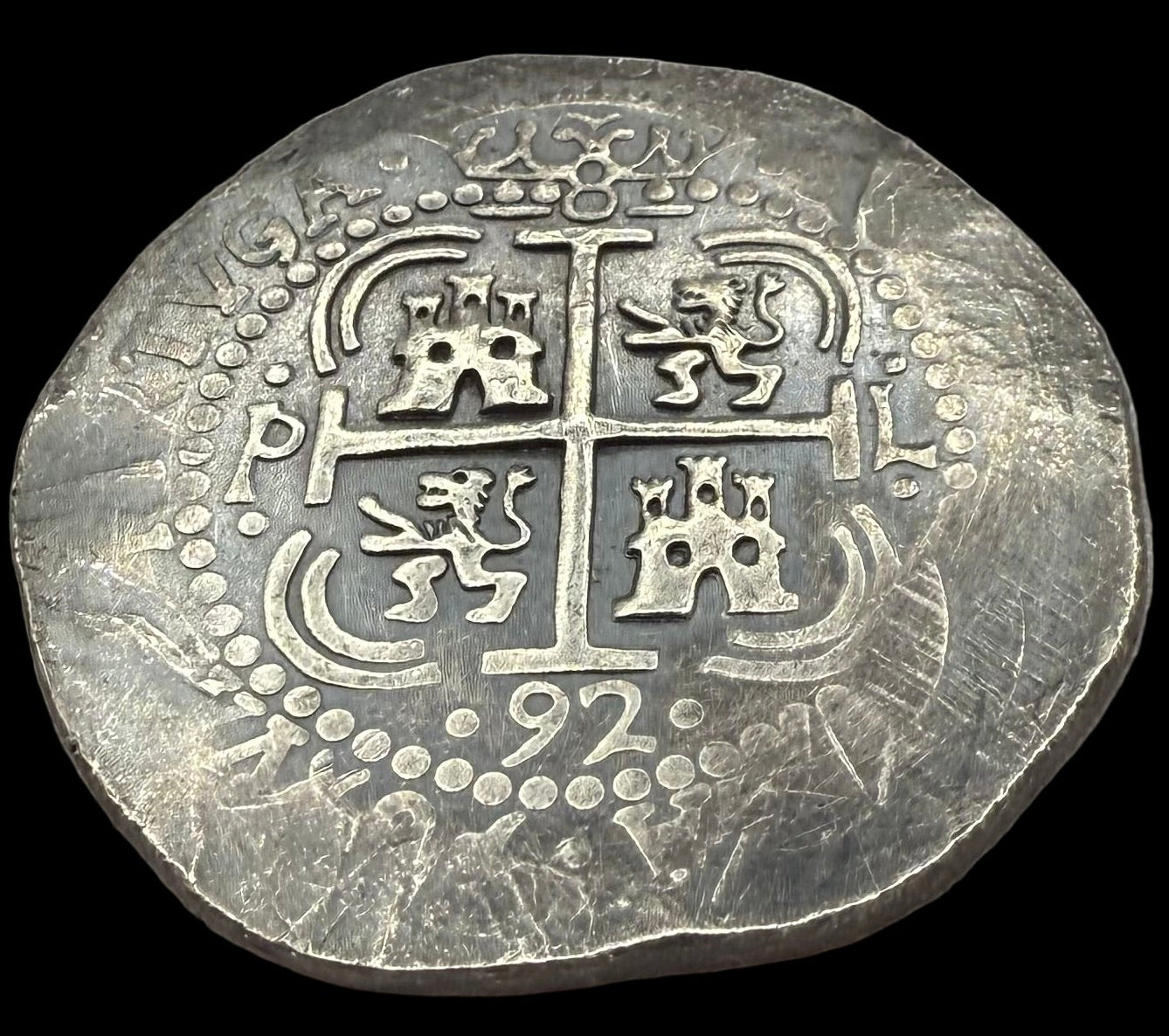 'Potosi Pillars & Waves Spanish Cob' Pirate Treasure Hand Crafted by Peculiar Coins 27 Gram .999 Fine Silver Round Pirate Design Antique Finish Includes Wood Treasure Chest, Capsule & COA Mint Condition