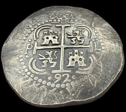 'Potosi Pillars & Waves Spanish Cob' Pirate Treasure Hand Crafted by Peculiar Coins 27 Gram .999 Fine Silver Round Pirate Design Antique Finish Includes Wood Treasure Chest, Capsule & COA Mint Condition