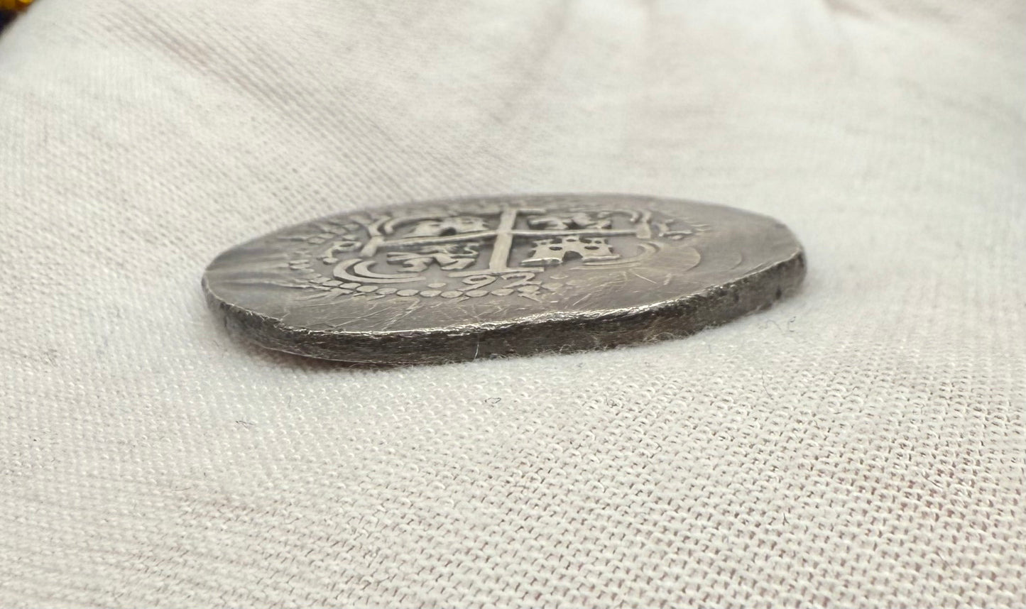 'Potosi Pillars & Waves Spanish Cob' Pirate Treasure Hand Crafted by Peculiar Coins 27 Gram .999 Fine Silver Round Pirate Design Antique Finish Includes Wood Treasure Chest, Capsule & COA Mint Condition