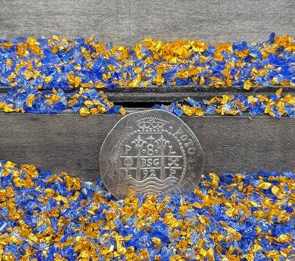 'Potosi Pillars & Waves Spanish Cob' Pirate Treasure Hand Crafted by Peculiar Coins 27 Gram .999 Fine Silver Round Pirate Design Antique Finish Includes Wood Treasure Chest, Capsule & COA Mint Condition