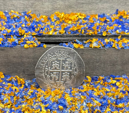 'Potosi Pillars & Waves Spanish Cob' Pirate Treasure Hand Crafted by Peculiar Coins 27 Gram .999 Fine Silver Round Pirate Design Antique Finish Includes Wood Treasure Chest, Capsule & COA Mint Condition