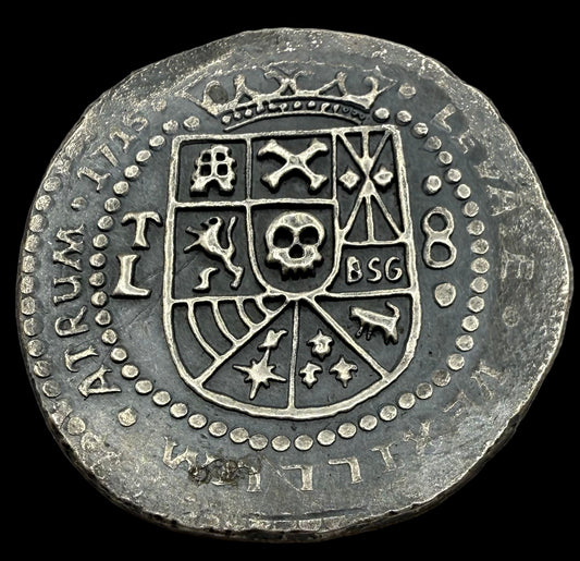 '1715 Spanish Silver' Pirate Treasure Hand Crafted by Peculiar Coins 27 Gram .999 Fine Silver Round Antique Finish Includes Wood Treasure Chest, Capsule & COA Mint Condition