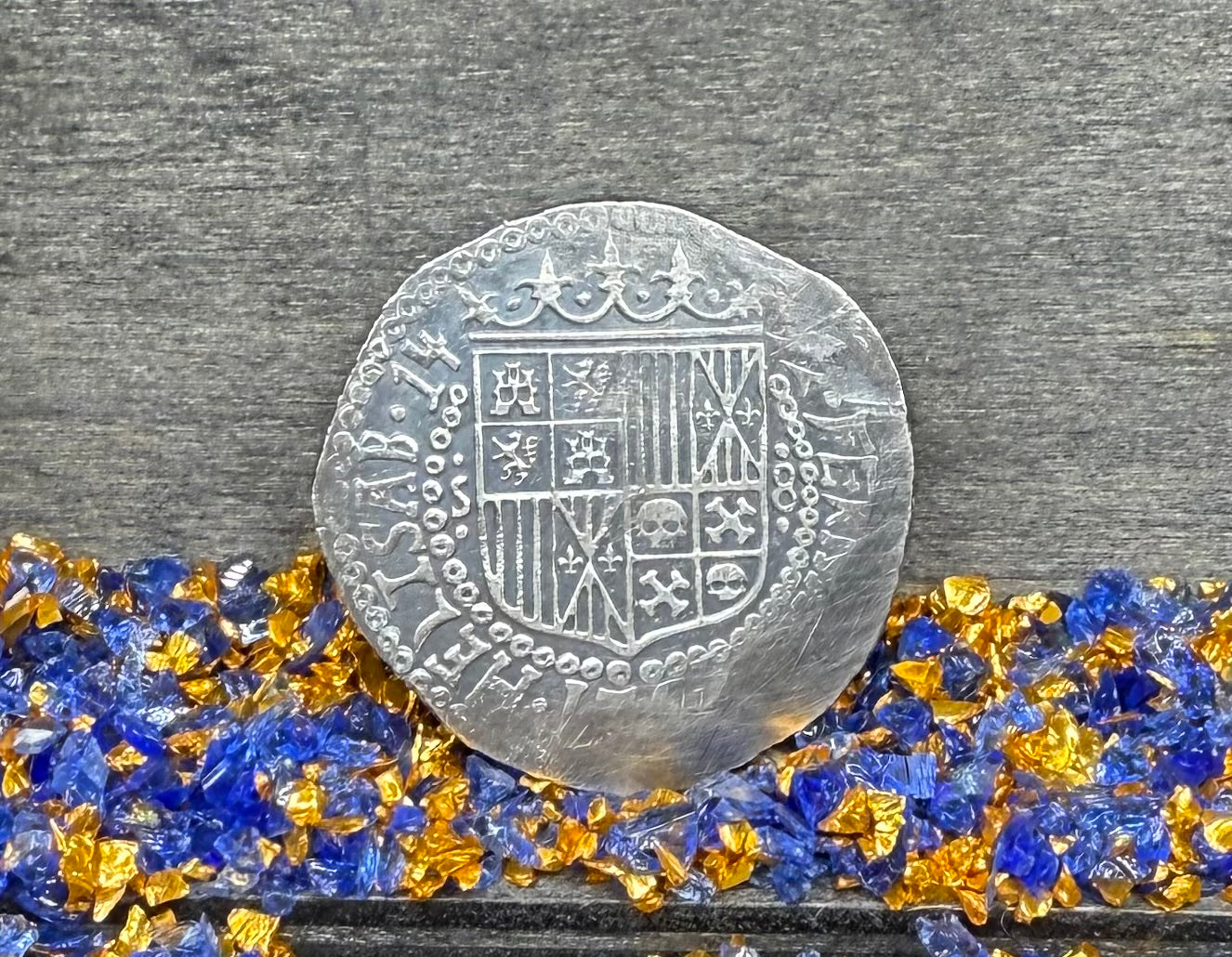 '1492 The Kraken' Pirate Treasure Hand Crafted by Peculiar Coins 27 Gram .999 Fine Silver Round Spanish Shield Design Antique Finish Includes Wood Treasure Chest, Capsule & COA Mint Condition