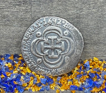 '1692 Piece of Eight' Pirate Treasure Hand Crafted by Peculiar Coins 27 Gram .999 Fine Silver Round Antique Finish Includes Wood Treasure Chest, Capsule & COA Mint Condition