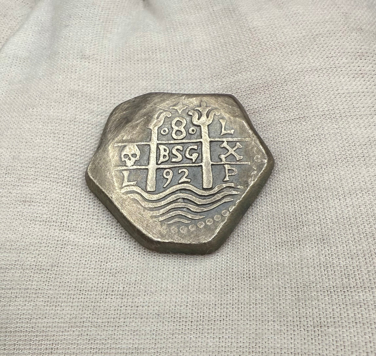 '1751 Spanish Cob' Pirate Treasure Hand Crafted by Peculiar Coins 27 Gram .999 Fine Silver Round Pillars & Waves Design Thick Clip Antique Finish Includes Wood Treasure Chest, Capsule & COA Mint Condition