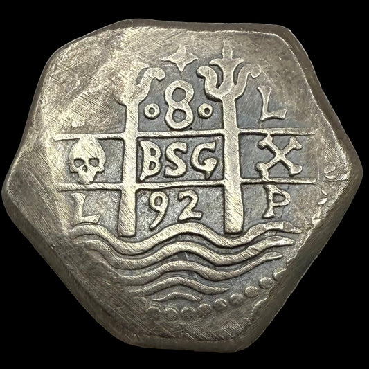 '1751 Spanish Cob' Pirate Treasure Hand Crafted by Peculiar Coins 27 Gram .999 Fine Silver Round Pillars & Waves Design Thick Clip Antique Finish Includes Wood Treasure Chest, Capsule & COA Mint Condition