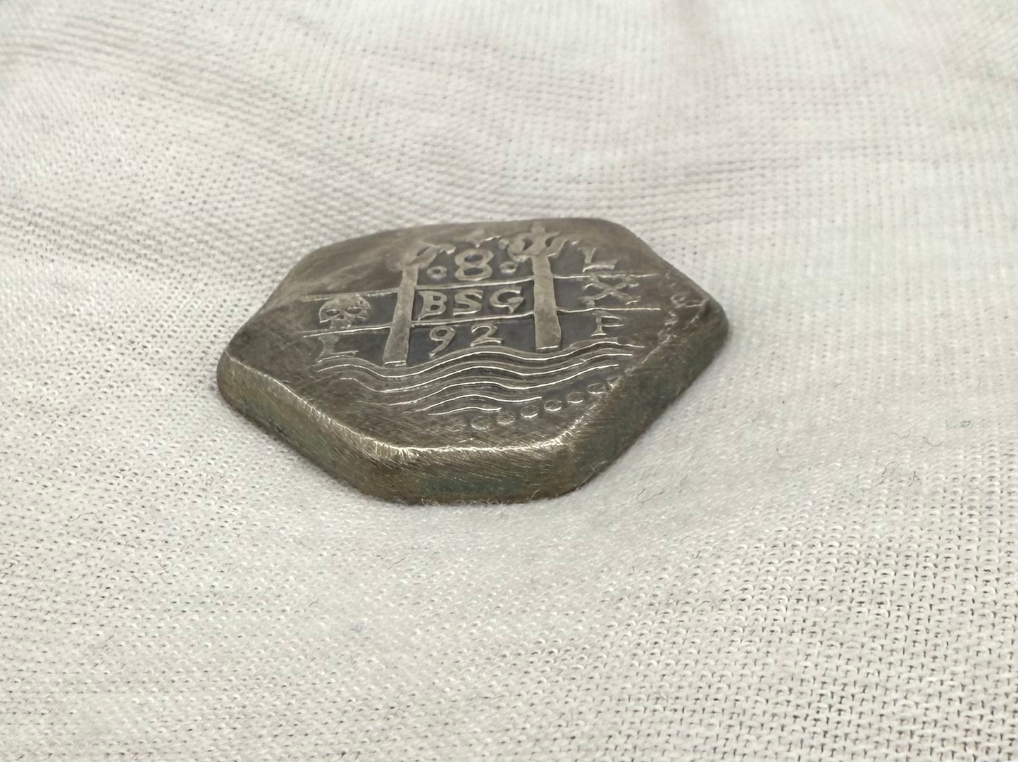 '1751 Spanish Cob' Pirate Treasure Hand Crafted by Peculiar Coins 27 Gram .999 Fine Silver Round Pillars & Waves Design Thick Clip Antique Finish Includes Wood Treasure Chest, Capsule & COA Mint Condition