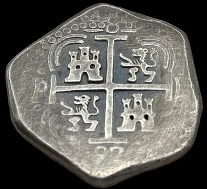 '1751 Spanish Cob' Pirate Treasure Hand Crafted by Peculiar Coins 27 Gram .999 Fine Silver Round Pillars & Waves Design Thick Clip Antique Finish Includes Wood Treasure Chest, Capsule & COA Mint Condition