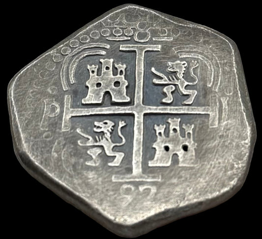 '1751 Spanish Cob' Pirate Treasure Hand Crafted by Peculiar Coins 27 Gram .999 Fine Silver Round Pillars & Waves Design Thick Clip Antique Finish Includes Wood Treasure Chest, Capsule & COA Mint Condition