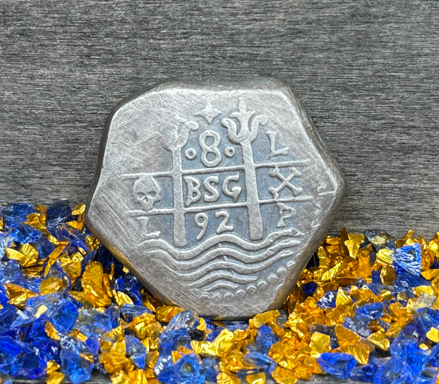 '1751 Spanish Cob' Pirate Treasure Hand Crafted by Peculiar Coins 27 Gram .999 Fine Silver Round Pillars & Waves Design Thick Clip Antique Finish Includes Wood Treasure Chest, Capsule & COA Mint Condition