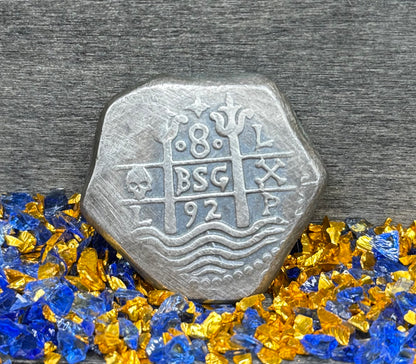 '1751 Spanish Cob' Pirate Treasure Hand Crafted by Peculiar Coins 27 Gram .999 Fine Silver Round Pillars & Waves Design Thick Clip Antique Finish Includes Wood Treasure Chest, Capsule & COA Mint Condition