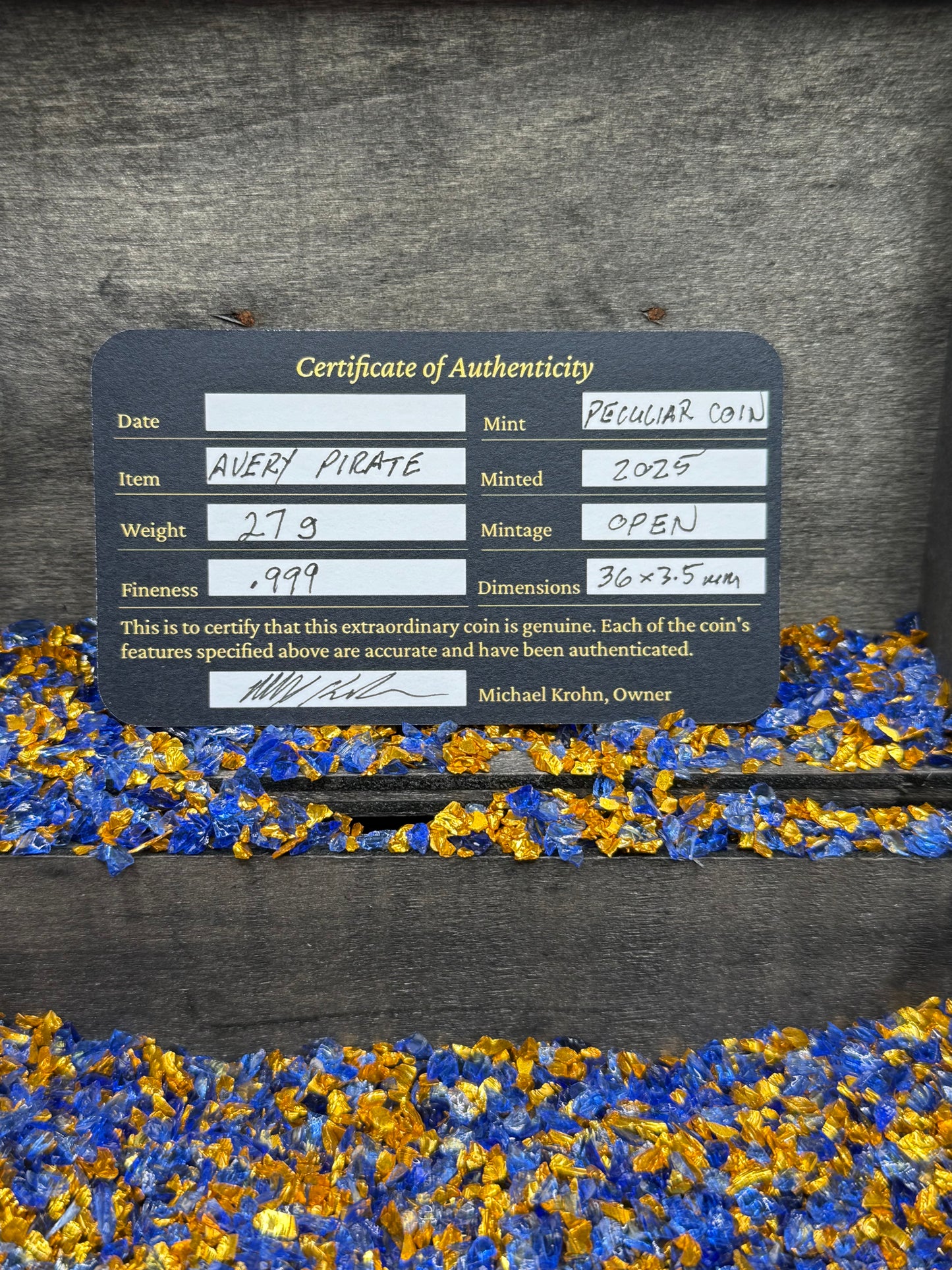 'Avery Pirate Coin' Pirate Treasure Hand Crafted by Peculiar Coins 27 Gram .999 Fine Silver Round Crusader's Cross Design Antique Finish Includes Wood Treasure Chest, Capsule & COA Mint Condition