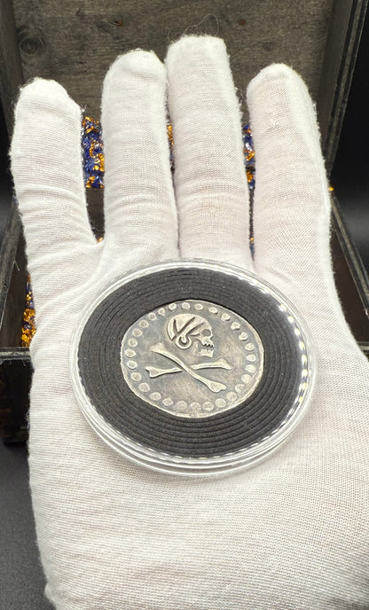 'Avery Pirate Coin' Pirate Treasure Hand Crafted by Peculiar Coins 27 Gram .999 Fine Silver Round Crusader's Cross Design Antique Finish Includes Wood Treasure Chest, Capsule & COA Mint Condition