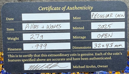 '1751 Spanish Cob' Pirate Treasure Hand Crafted by Peculiar Coins 27 Gram .999 Fine Silver Round Pillars & Waves Design Thick Clip Antique Finish Includes Wood Treasure Chest, Capsule & COA Mint Condition