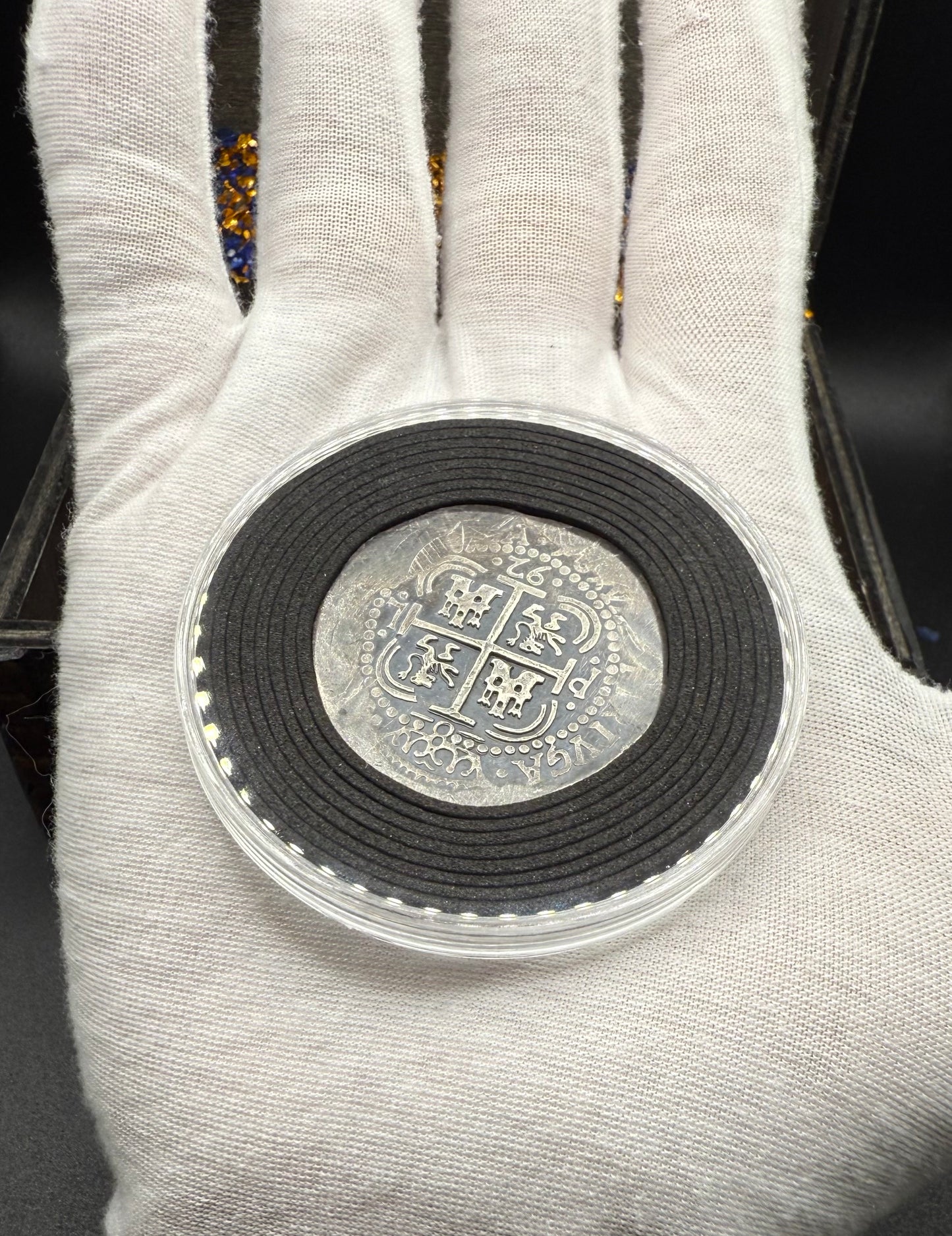 'Potosi Pillars & Waves Spanish Cob' Pirate Treasure Hand Crafted by Peculiar Coins 27 Gram .999 Fine Silver Round Pirate Design Antique Finish Includes Wood Treasure Chest, Capsule & COA Mint Condition