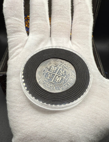 'Potosi Pillars & Waves Spanish Cob' Pirate Treasure Hand Crafted by Peculiar Coins 27 Gram .999 Fine Silver Round Pirate Design Antique Finish Includes Wood Treasure Chest, Capsule & COA Mint Condition