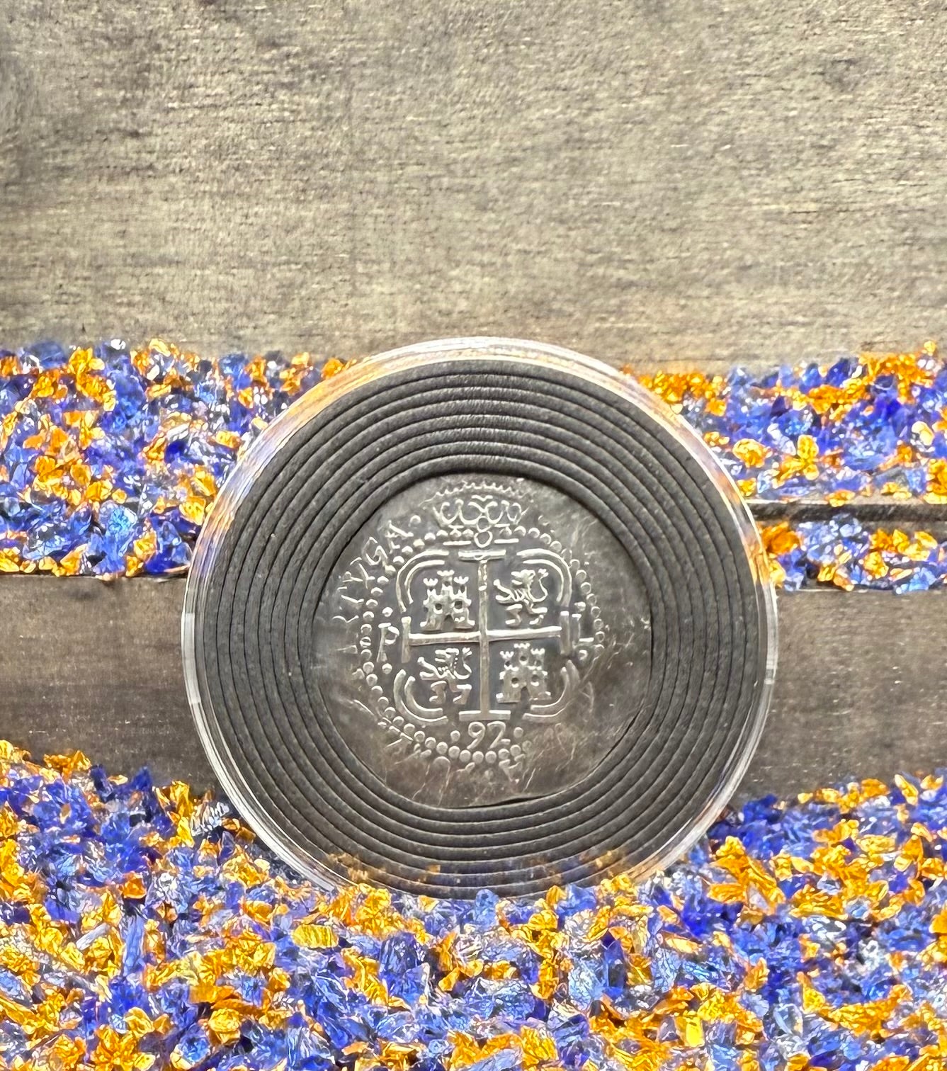 'Potosi Pillars & Waves Spanish Cob' Pirate Treasure Hand Crafted by Peculiar Coins 27 Gram .999 Fine Silver Round Pirate Design Antique Finish Includes Wood Treasure Chest, Capsule & COA Mint Condition