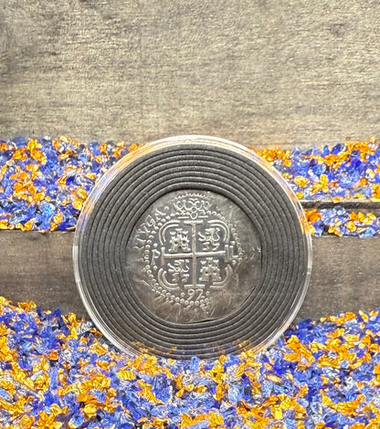 'Potosi Pillars & Waves Spanish Cob' Pirate Treasure Hand Crafted by Peculiar Coins 27 Gram .999 Fine Silver Round Pirate Design Antique Finish Includes Wood Treasure Chest, Capsule & COA Mint Condition