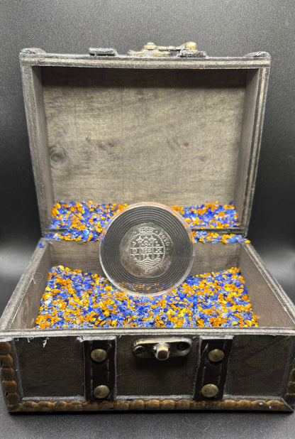 'Potosi Pillars & Waves Spanish Cob' Pirate Treasure Hand Crafted by Peculiar Coins 27 Gram .999 Fine Silver Round Pirate Design Antique Finish Includes Wood Treasure Chest, Capsule & COA Mint Condition