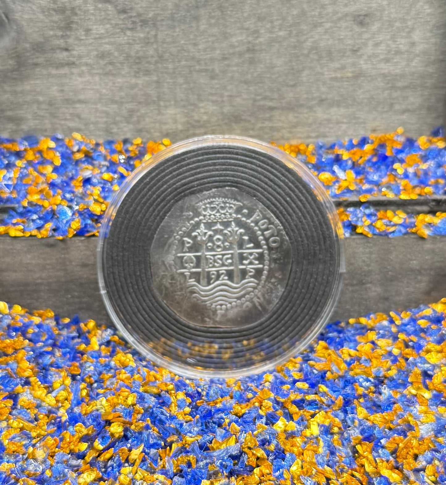 'Potosi Pillars & Waves Spanish Cob' Pirate Treasure Hand Crafted by Peculiar Coins 27 Gram .999 Fine Silver Round Pirate Design Antique Finish Includes Wood Treasure Chest, Capsule & COA Mint Condition