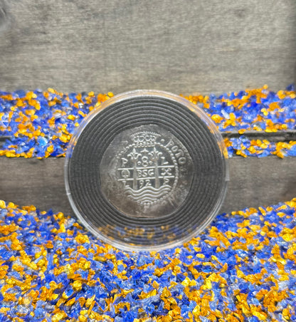 'Potosi Pillars & Waves Spanish Cob' Pirate Treasure Hand Crafted by Peculiar Coins 27 Gram .999 Fine Silver Round Pirate Design Antique Finish Includes Wood Treasure Chest, Capsule & COA Mint Condition