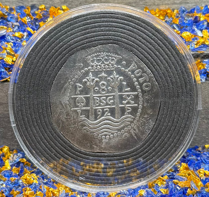 'Potosi Pillars & Waves Spanish Cob' Pirate Treasure Hand Crafted by Peculiar Coins 27 Gram .999 Fine Silver Round Pirate Design Antique Finish Includes Wood Treasure Chest, Capsule & COA Mint Condition