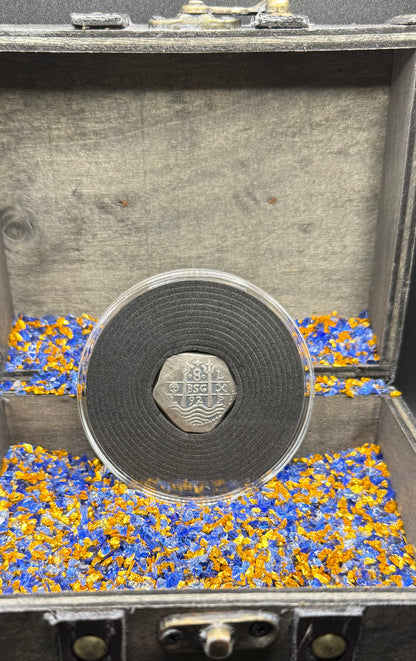 '1751 Spanish Cob' Pirate Treasure Hand Crafted by Peculiar Coins 27 Gram .999 Fine Silver Round Pillars & Waves Design Thick Clip Antique Finish Includes Wood Treasure Chest, Capsule & COA Mint Condition